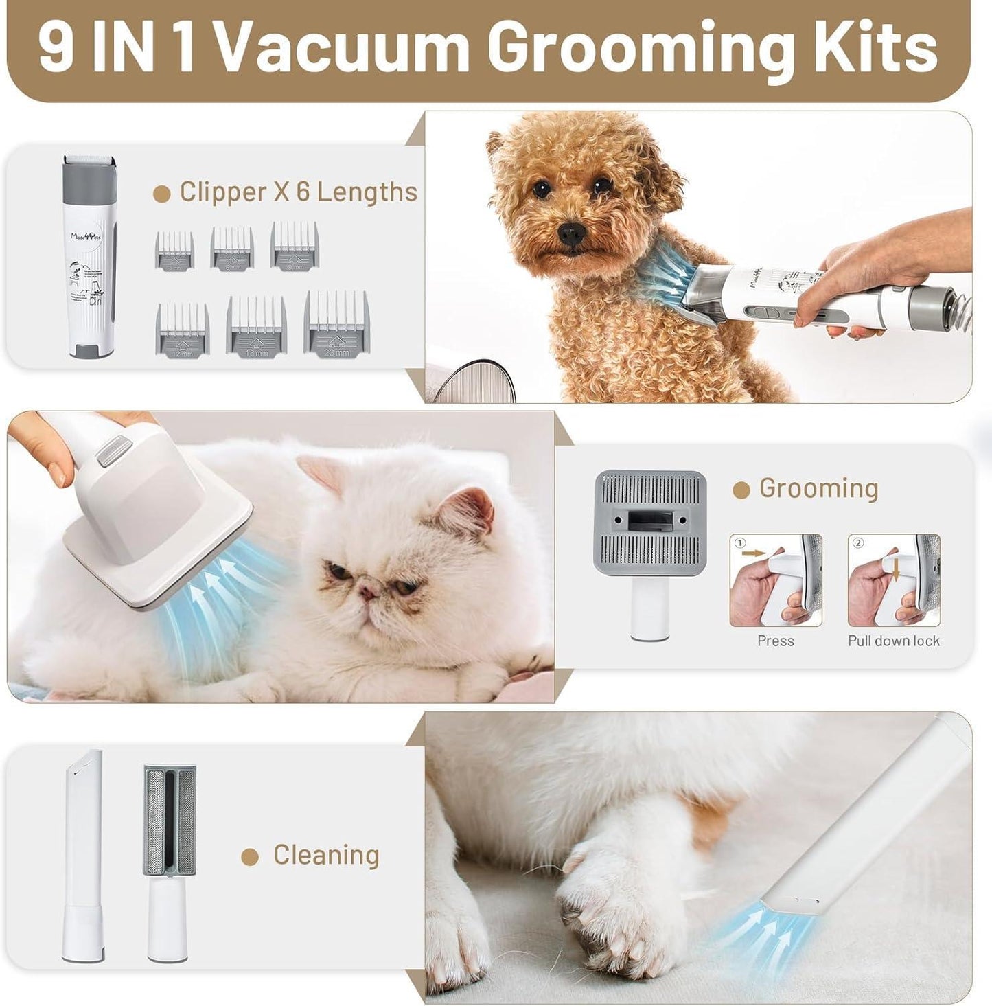 All-in-One Dog Grooming Vacuum Kit – Low Noise (<56dB), Cordless Clippers, 6 Comb Attachments & 1.5L Dust Cup – Pet Hair Remover & Home Cleaner